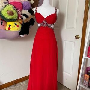 JASZ COUTURE RED BEADED OPEN-BACK PROM GOWN